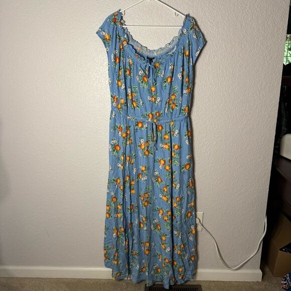 Torrid Maxi Woven Double Slit Dress Size 2 Blue Orange Grove Elastic Waist NWT - Picture 2 of 11